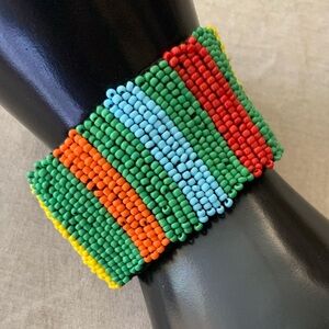 African Seed Bead Wide Fabric Button Close Bracelet